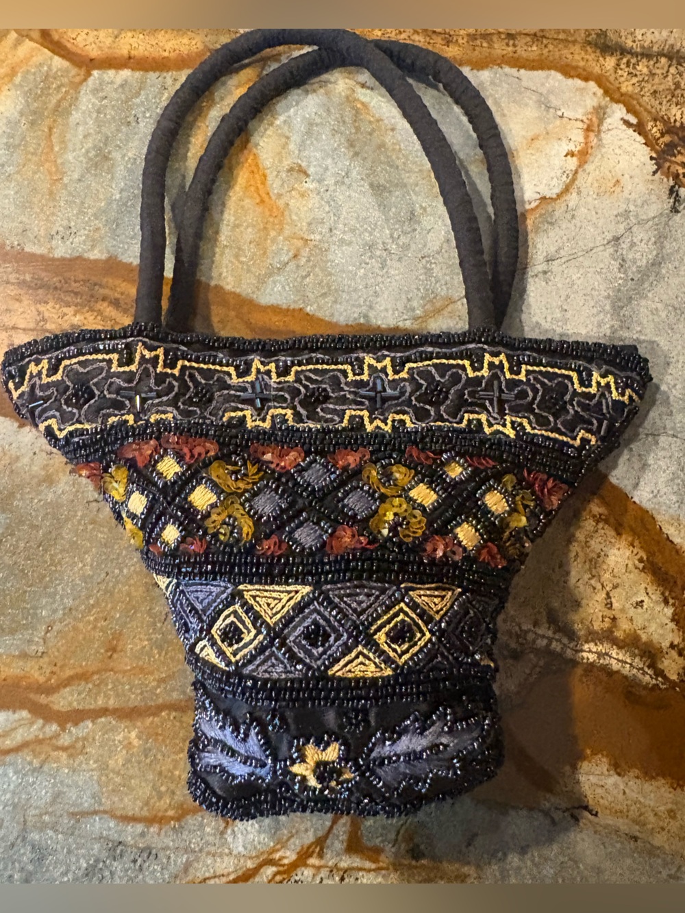 Vintage Beaded Black Gold Basket Mini Purse Satchel Bag